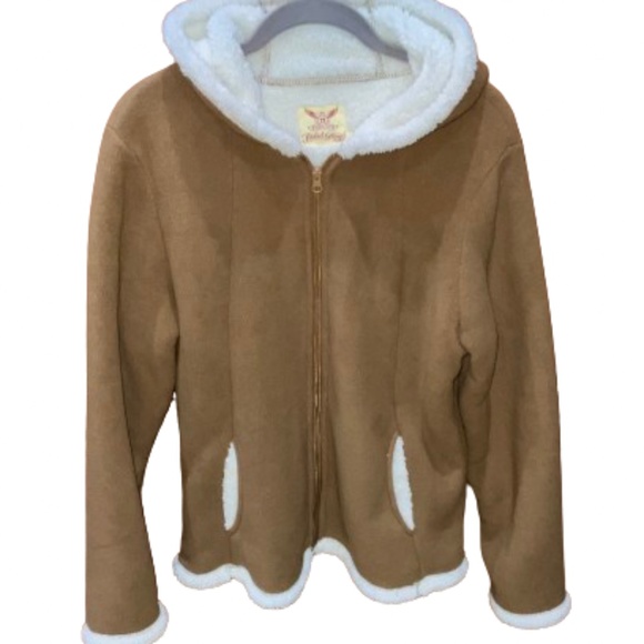 Faded Glory Brown Brushed Hooded Coat with Sherpa like Lining &Trim Sz M - Picture 9 of 9